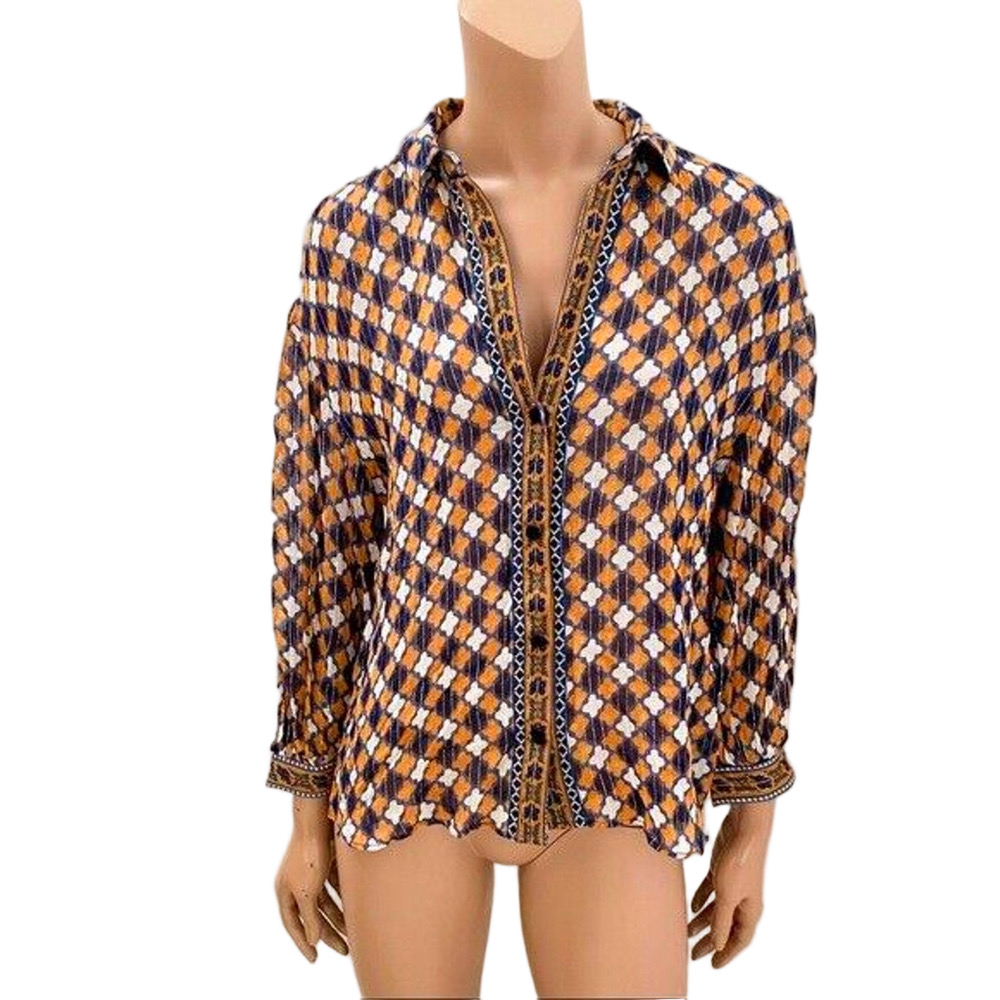 Zara Woman Blouse Women's Sz S Orange & Blue Metallic Gold Threads Button Down